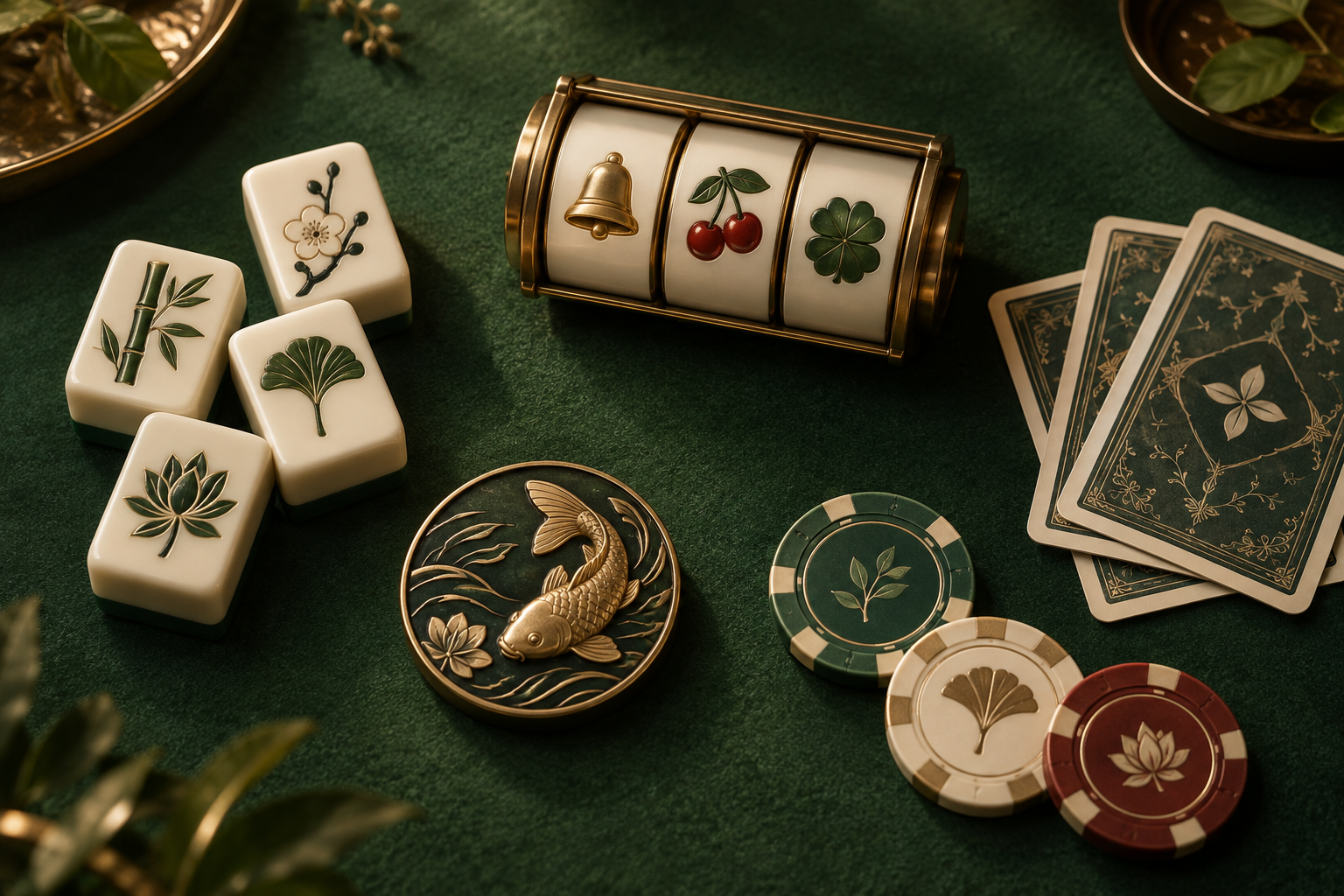 Ilustrasi katalog kasino dengan mahjong, slot, kartu dan keping di meja hijau